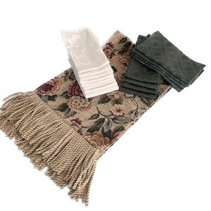 $10 ADD ON Vintage Floral Tapestry Table Runner Matching Napkin Set Gold Green